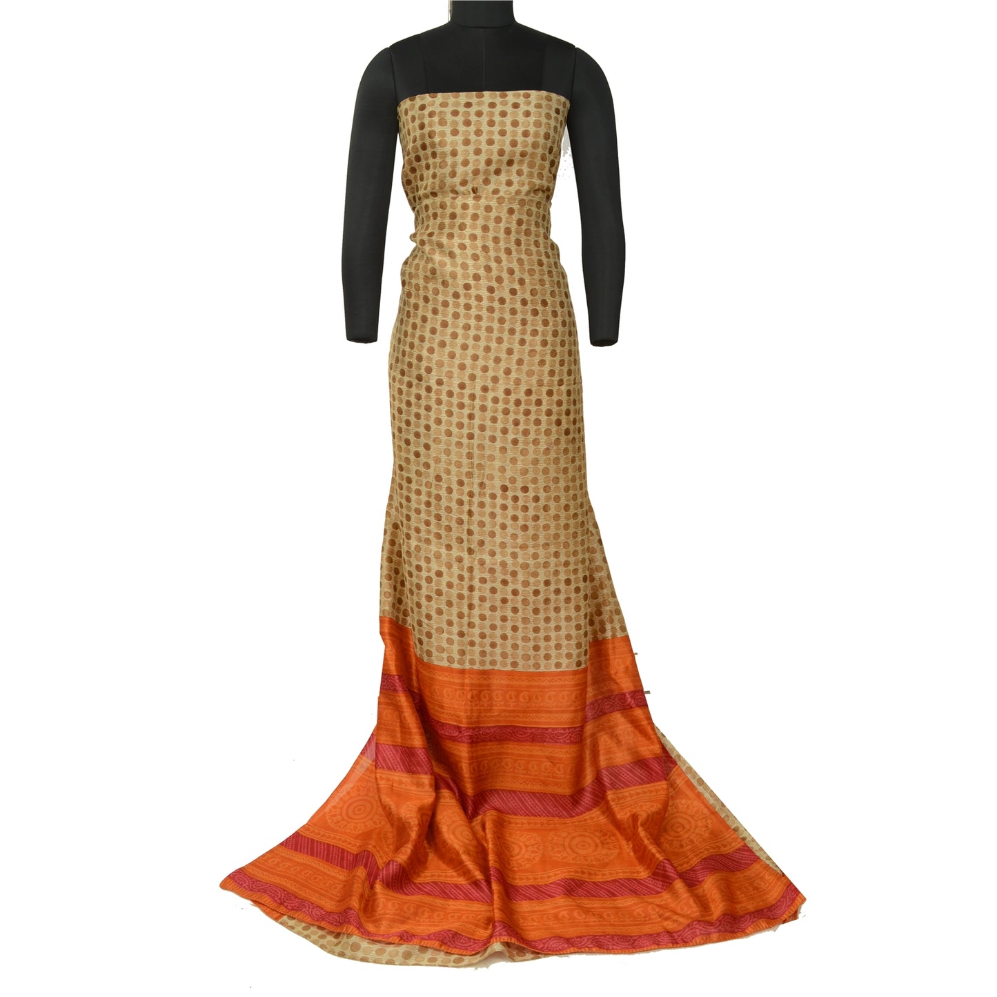 Sanskriti Vintage Sarees Cream & Orange Pure Silk Printed Sari 5yd Craft Sustainable Fabric