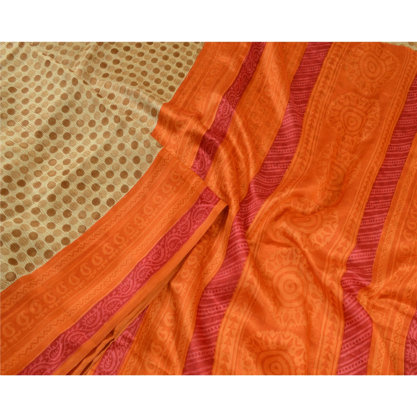 Sanskriti Vintage Sarees Cream & Orange Pure Silk Printed Sari 5yd Craft Sustainable Fabric