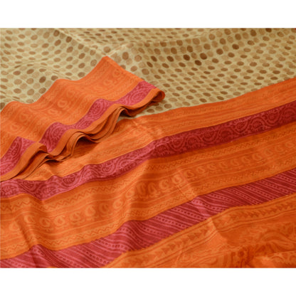 Sanskriti Vintage Sarees Cream & Orange Pure Silk Printed Sari 5yd Craft Sustainable Fabric