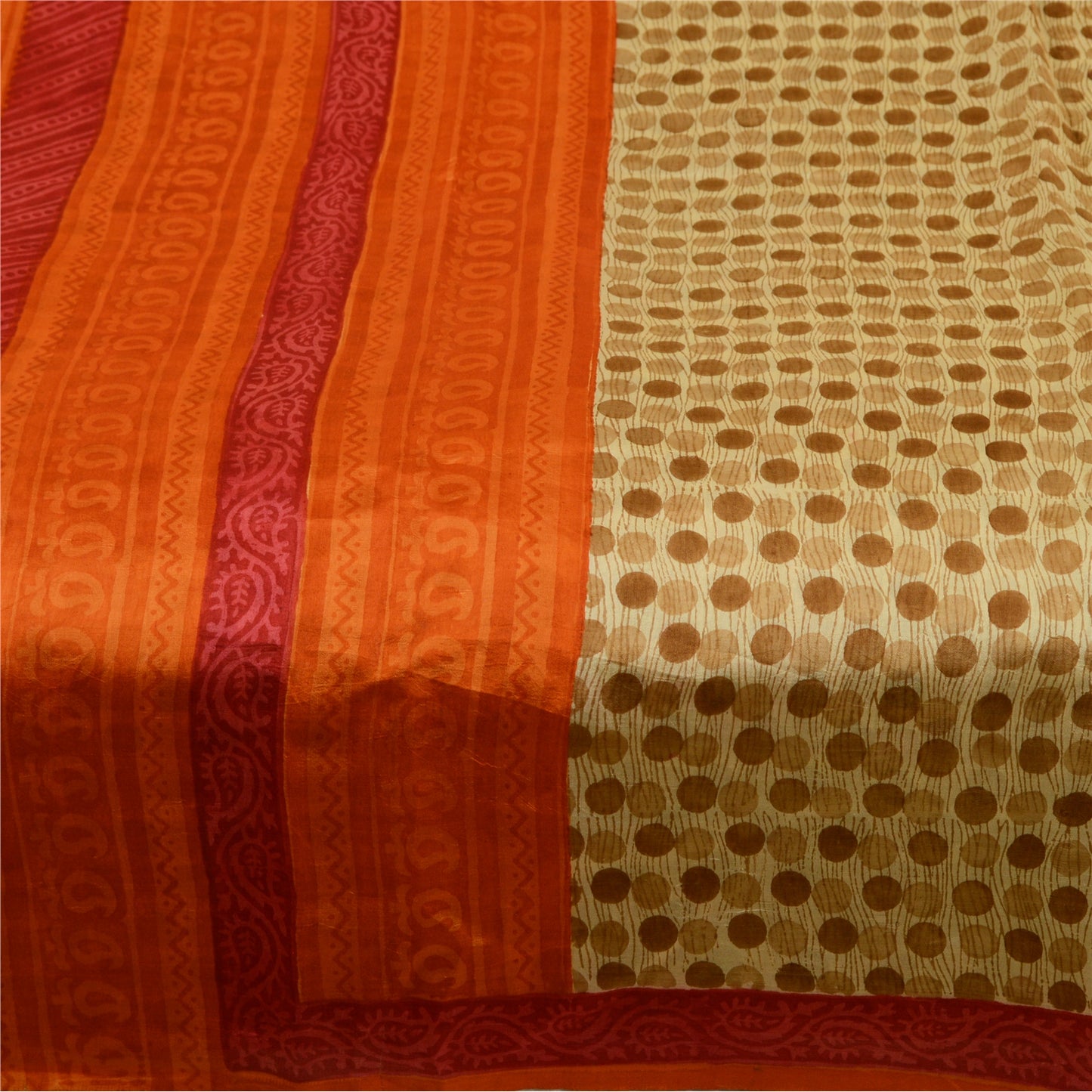 Sanskriti Vintage Sarees Cream & Orange Pure Silk Printed Sari 5yd Craft Sustainable Fabric
