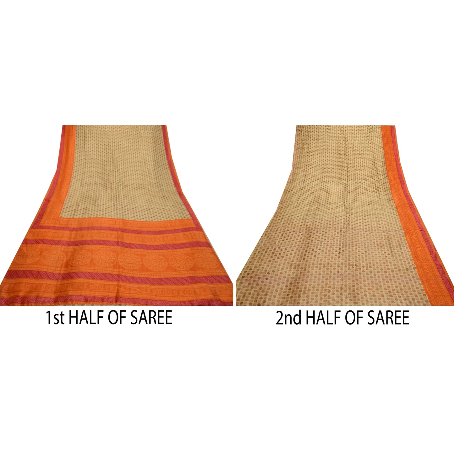 Sanskriti Vintage Sarees Cream & Orange Pure Silk Printed Sari 5yd Craft Sustainable Fabric