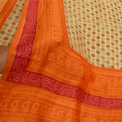 Sanskriti Vintage Sarees Cream & Orange Pure Silk Printed Sari 5yd Craft Sustainable Fabric