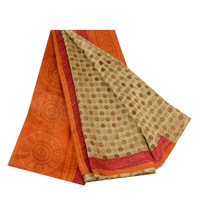 Sanskriti Vintage Sarees Cream & Orange Pure Silk Printed Sari 5yd Craft Sustainable Fabric