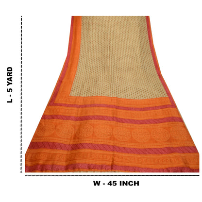Sanskriti Vintage Sarees Cream & Orange Pure Silk Printed Sari 5yd Craft Sustainable Fabric
