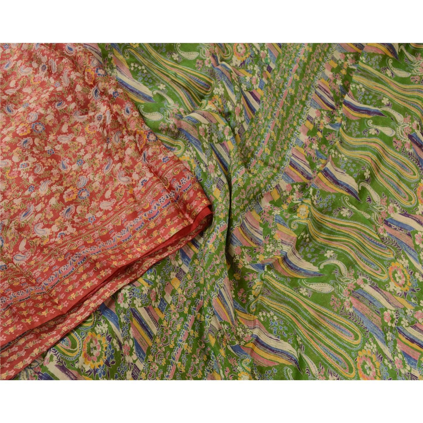 Sanskriti Vintage Sarees Indian Red & Green Blend Silk Printed Sari Craft Sustainable Fabric