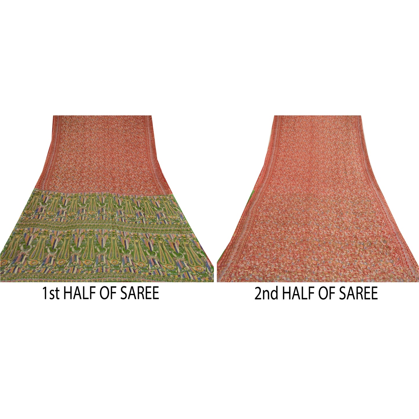 Sanskriti Vintage Sarees Indian Red & Green Blend Silk Printed Sari Craft Sustainable Fabric