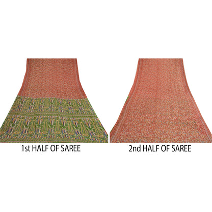 Sanskriti Vintage Sarees Indian Red & Green Blend Silk Printed Sari Craft Sustainable Fabric