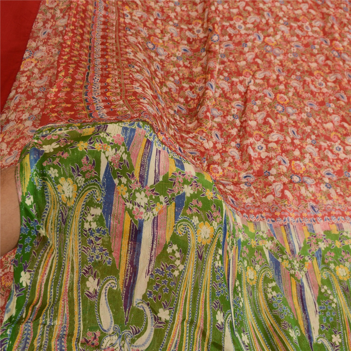 Sanskriti Vintage Sarees Indian Red & Green Blend Silk Printed Sari Craft Sustainable Fabric