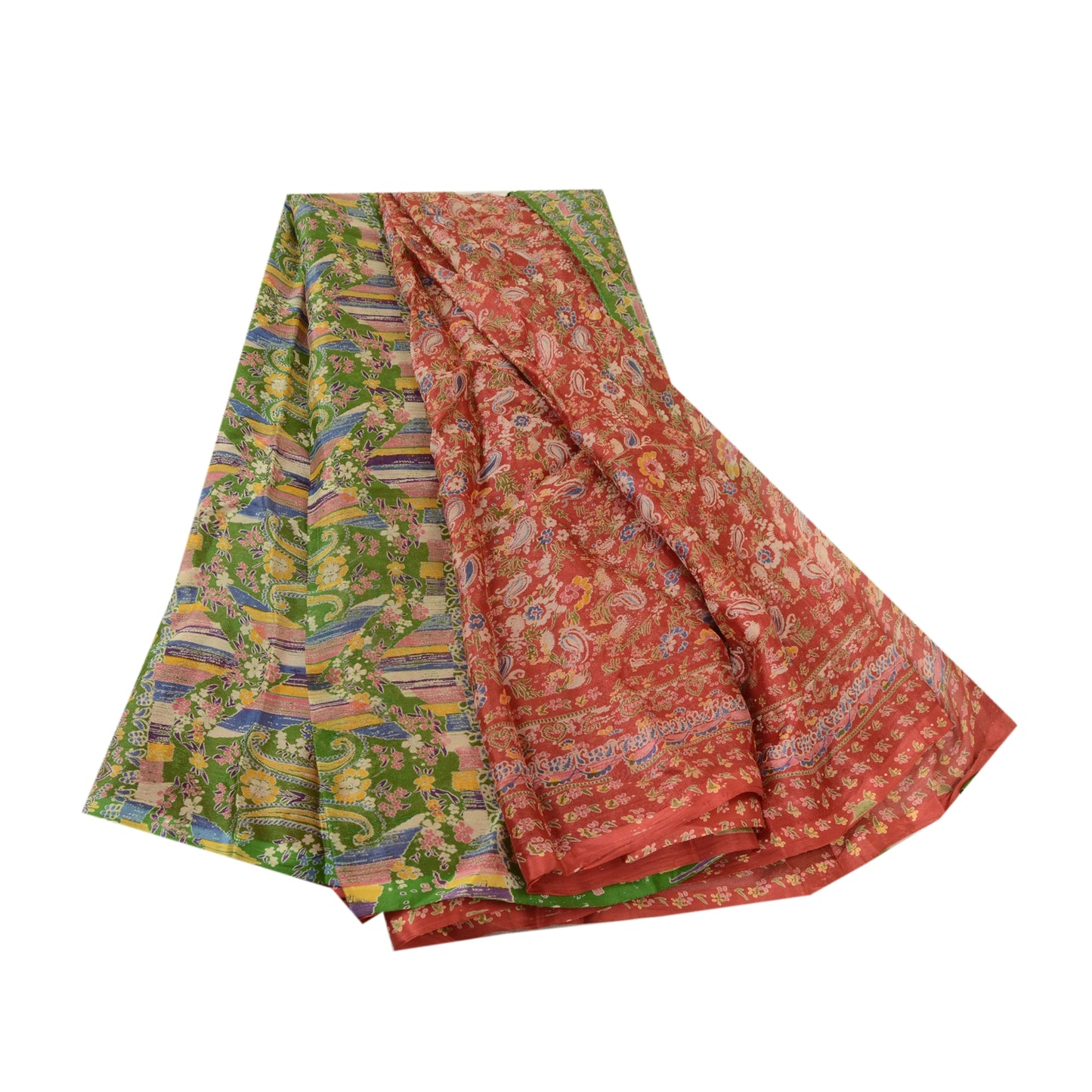 Sanskriti Vintage Sarees Indian Red & Green Blend Silk Printed Sari Craft Sustainable Fabric