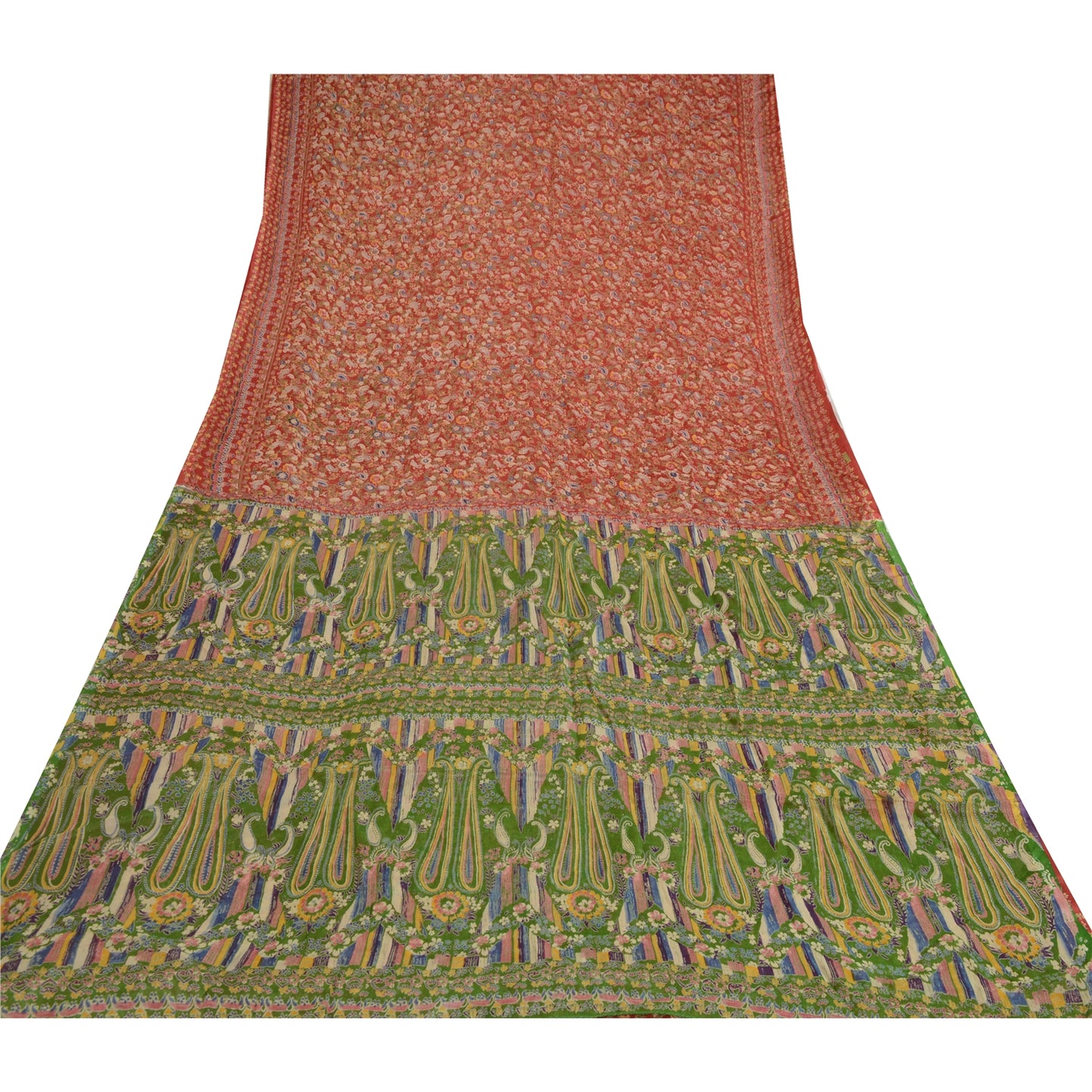 Sanskriti Vintage Sarees Indian Red & Green Blend Silk Printed Sari Craft Sustainable Fabric