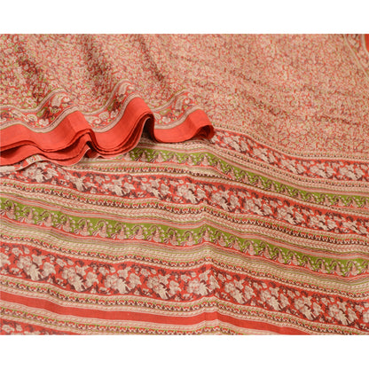 Sanskriti Vintage Sarees Red 100% Pure Silk Printed Sari Floral 5yd Craft Sustainable Fabric