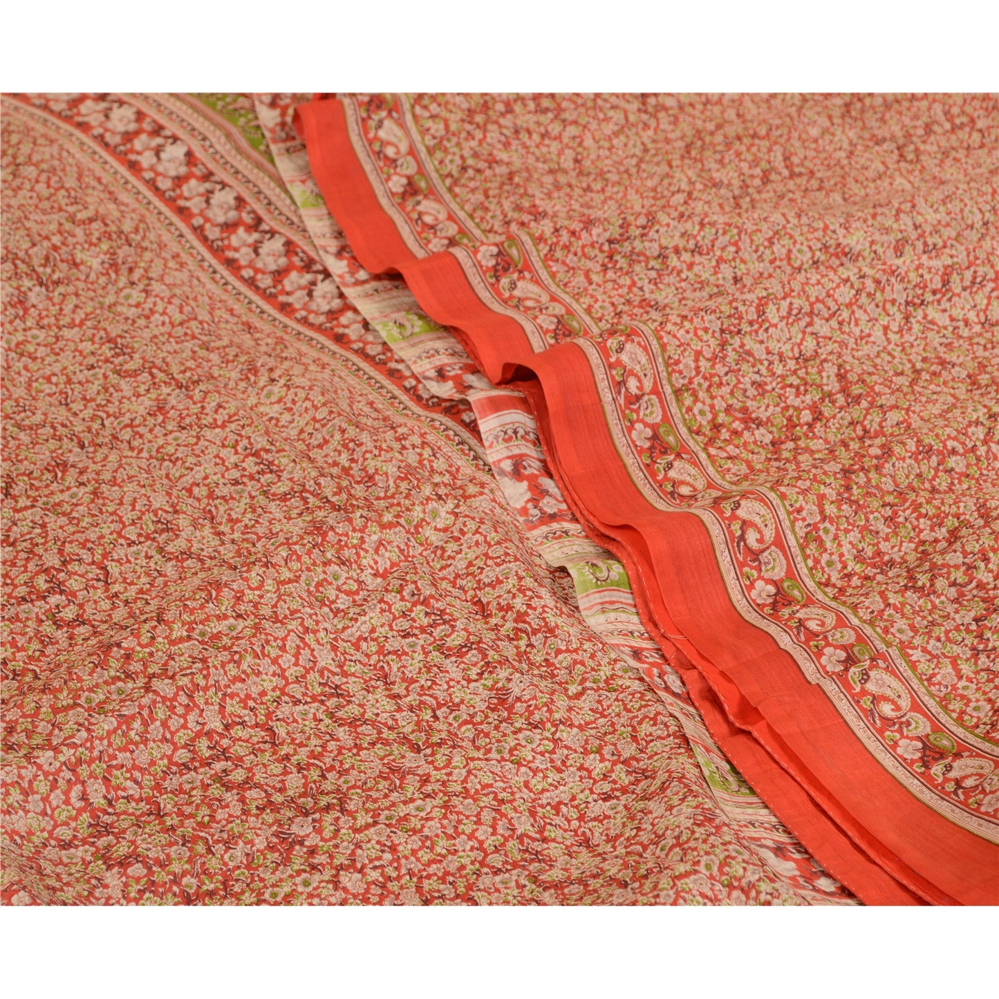 Sanskriti Vintage Sarees Red 100% Pure Silk Printed Sari Floral 5yd Craft Sustainable Fabric