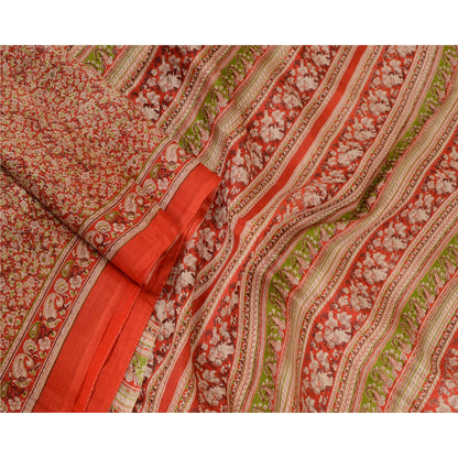 Sanskriti Vintage Sarees Red 100% Pure Silk Printed Sari Floral 5yd Craft Sustainable Fabric