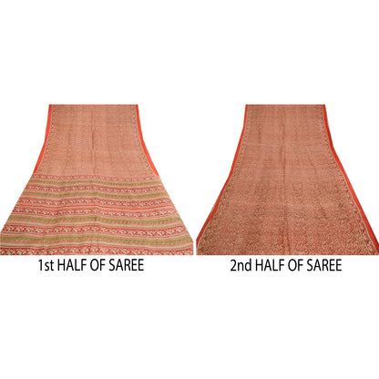 Sanskriti Vintage Sarees Red 100% Pure Silk Printed Sari Floral 5yd Craft Sustainable Fabric