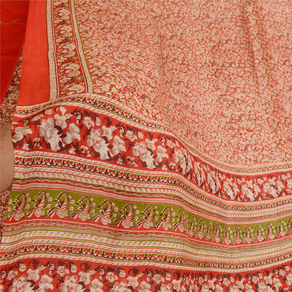 Sanskriti Vintage Sarees Red 100% Pure Silk Printed Sari Floral 5yd Craft Sustainable Fabric