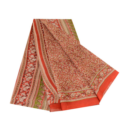 Sanskriti Vintage Sarees Red 100% Pure Silk Printed Sari Floral 5yd Craft Sustainable Fabric