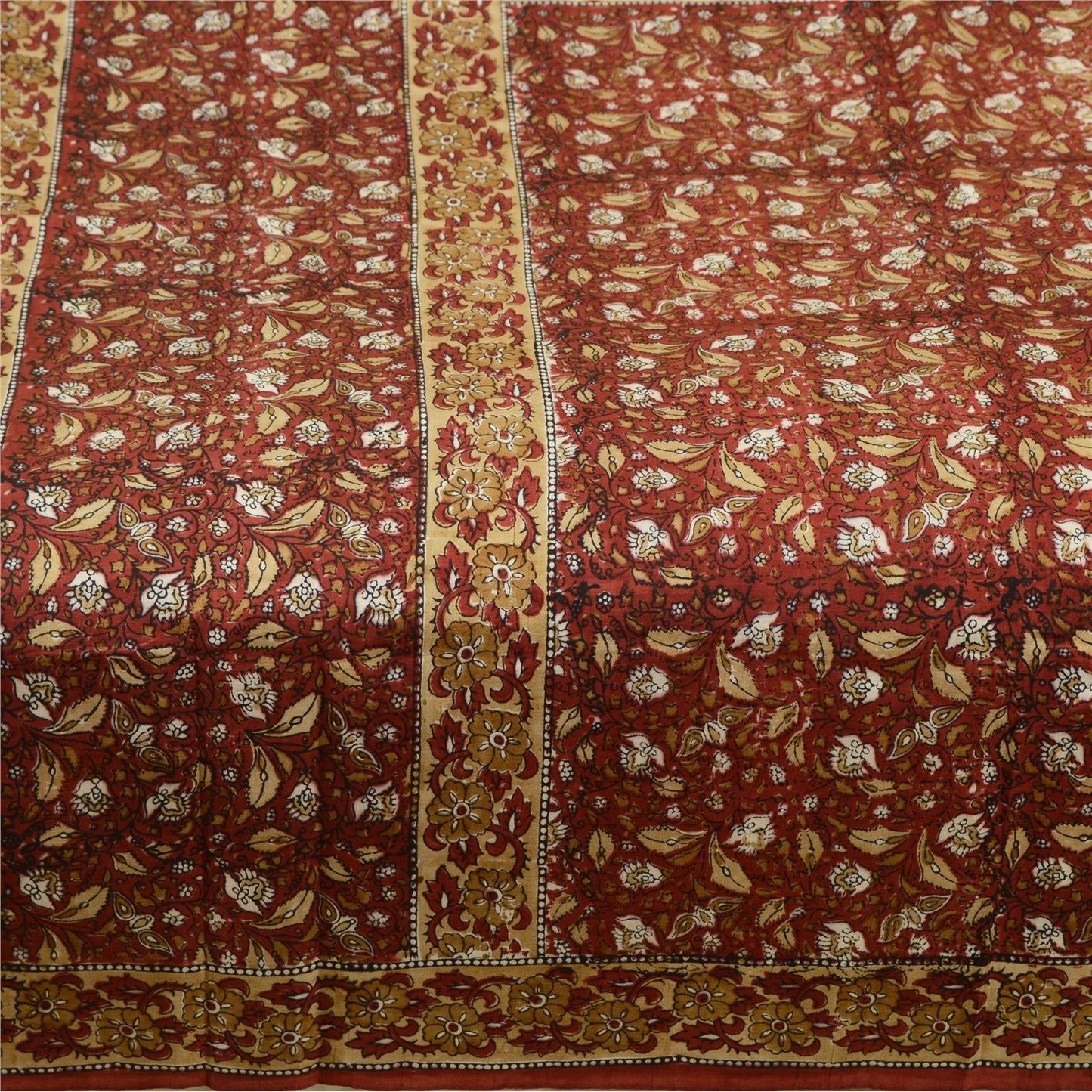 Sanskriti Vintage Sarees Dark Red Hand Block Printed Pure Silk Sari Craft Sustainable Fabric