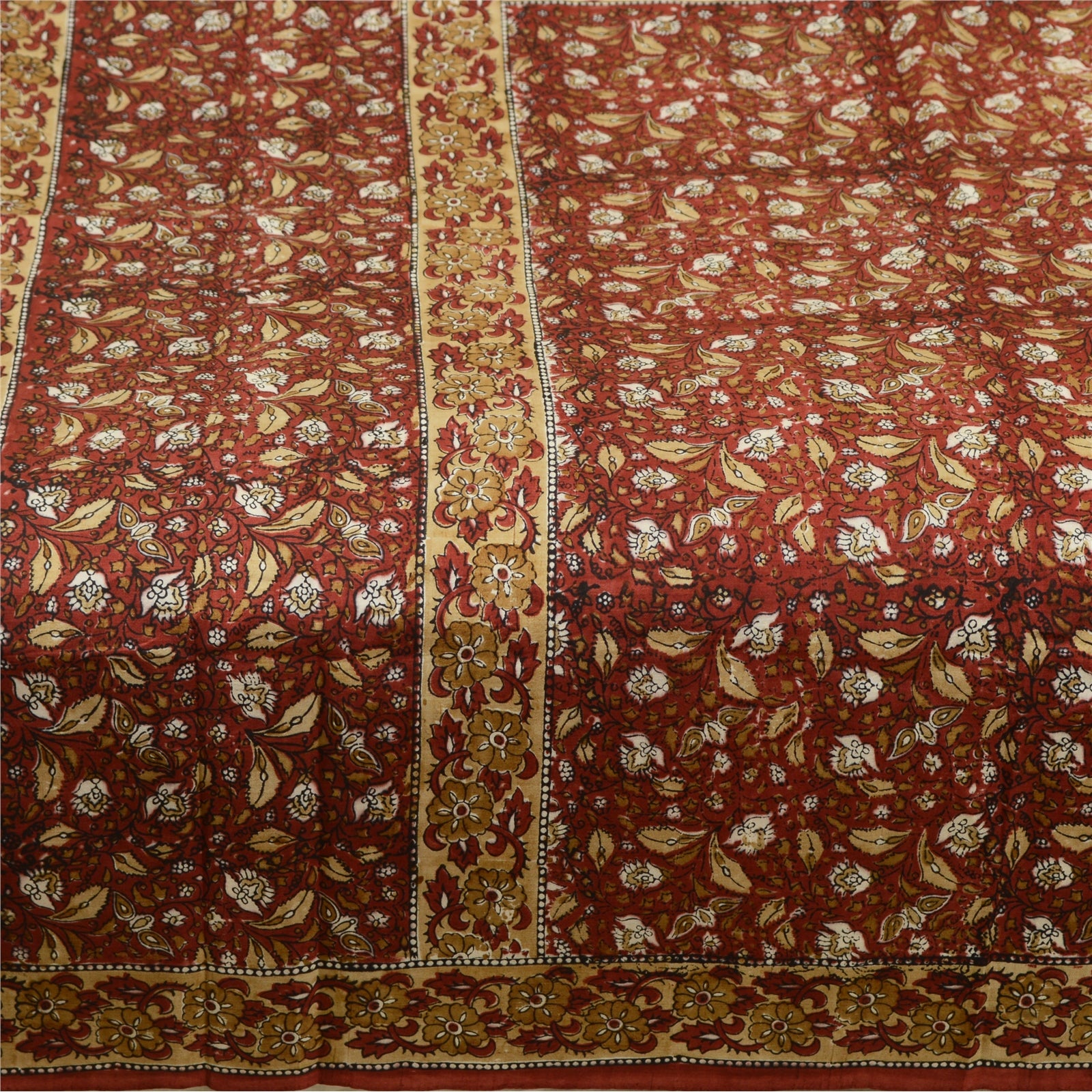 Sanskriti Vintage Sarees Dark Red Hand Block Printed Pure Silk Sari Craft Sustainable Fabric