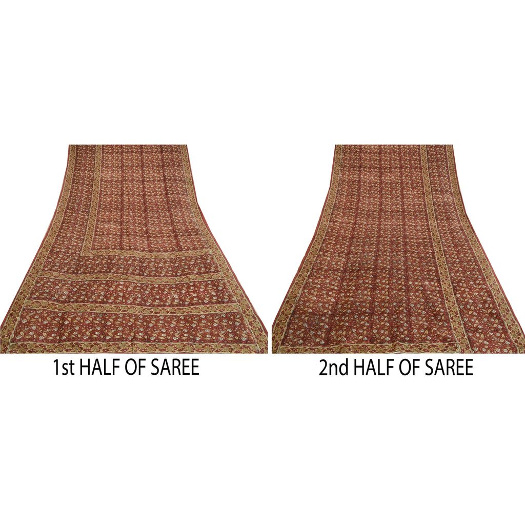 Sanskriti Vintage Sarees Dark Red Hand Block Printed Pure Silk Sari Craft Sustainable Fabric