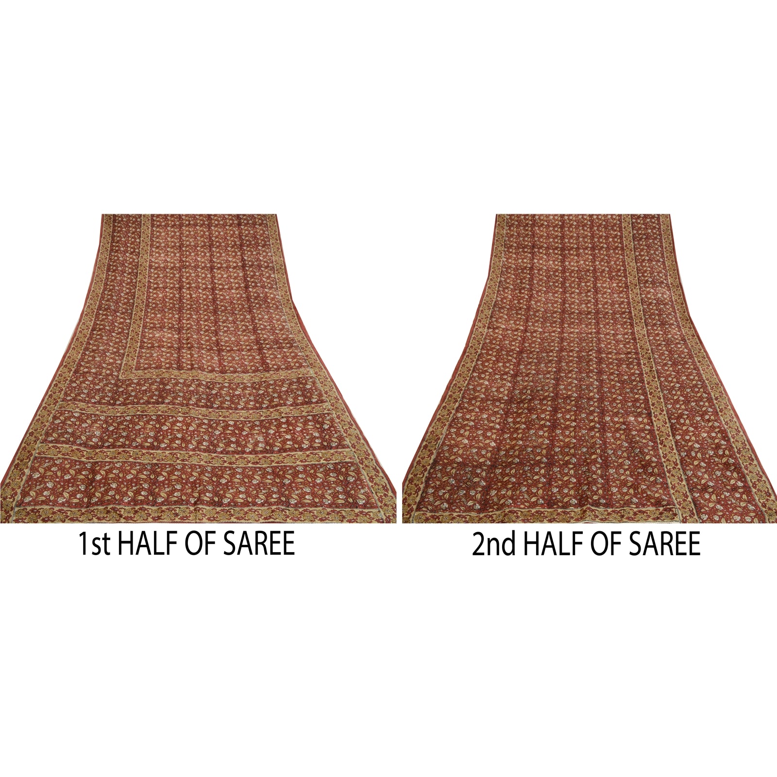 Sanskriti Vintage Sarees Dark Red Hand Block Printed Pure Silk Sari Craft Sustainable Fabric