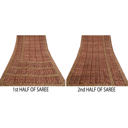 Sanskriti Vintage Sarees Dark Red Hand Block Printed Pure Silk Sari Craft Sustainable Fabric