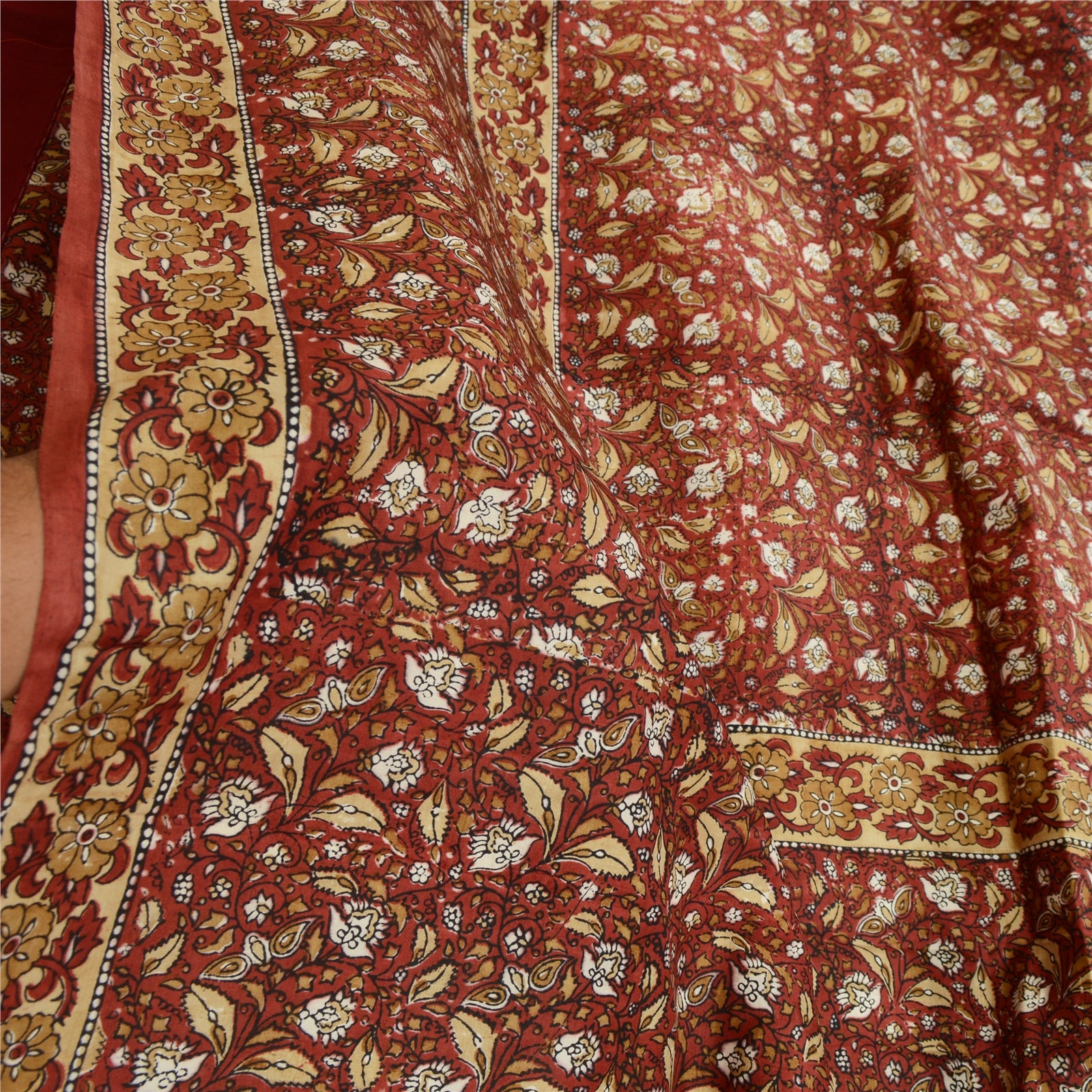 Sanskriti Vintage Sarees Dark Red Hand Block Printed Pure Silk Sari Craft Sustainable Fabric