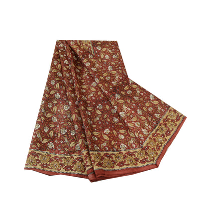 Sanskriti Vintage Sarees Dark Red Hand Block Printed Pure Silk Sari Craft Sustainable Fabric