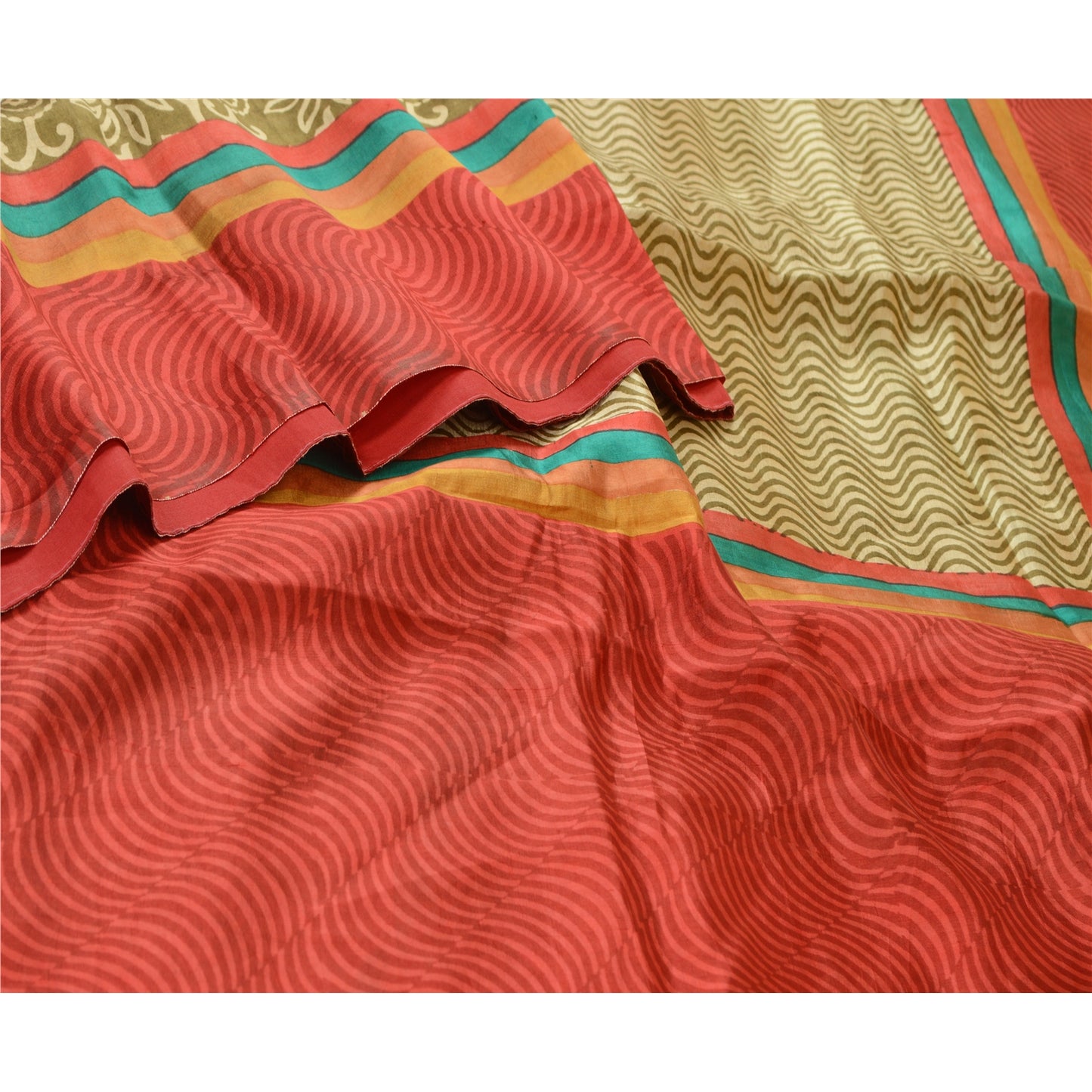 Sanskriti Vintage Sarees Indisk Grøn &amp; Rød Trykt Ren Silke Sari Håndværk Bæredygtigt Stoff