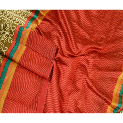 Sanskriti Vintage Sarees Indisk Grøn &amp; Rød Trykt Ren Silke Sari Håndværk Bæredygtigt Stoff