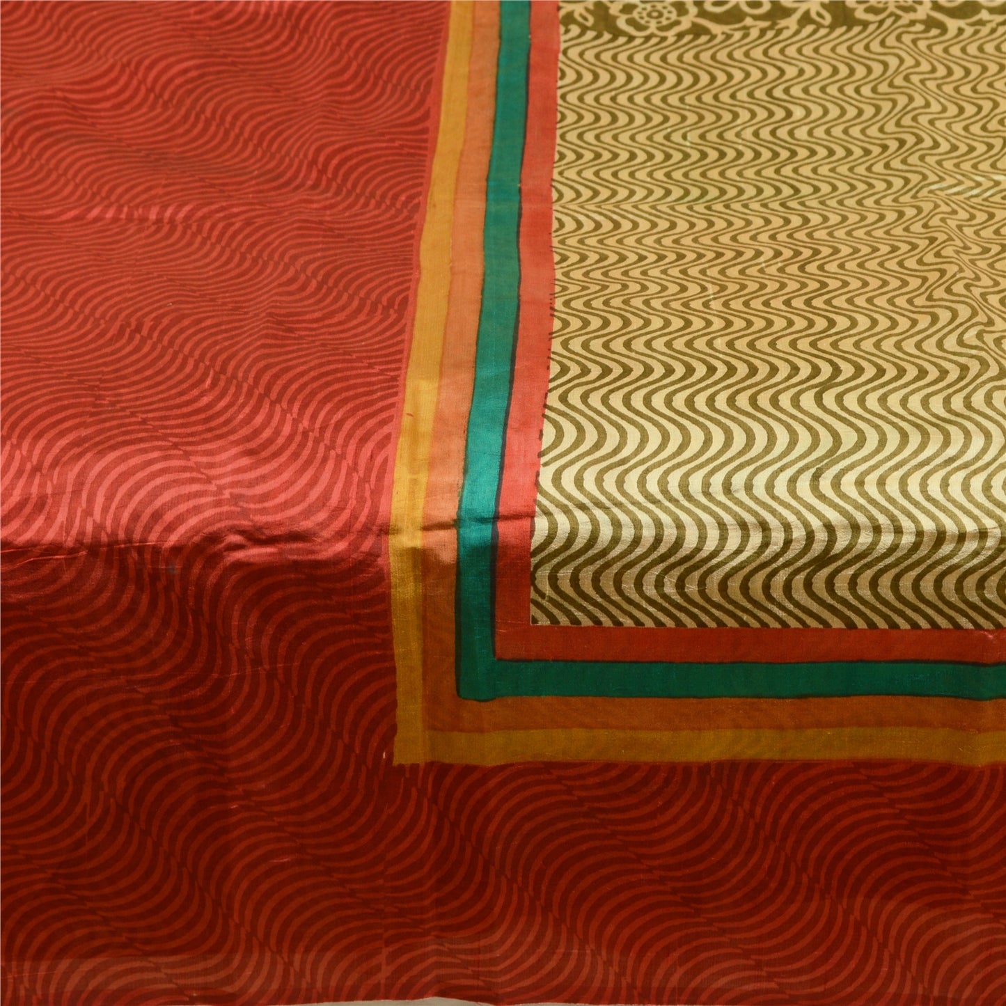 Sanskriti Vintage Sarees Indisk Grøn &amp; Rød Trykt Ren Silke Sari Håndværk Bæredygtigt Stoff