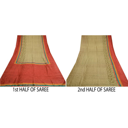 Sanskriti Vintage Sarees Indisk Grøn &amp; Rød Trykt Ren Silke Sari Håndværk Bæredygtigt Stoff