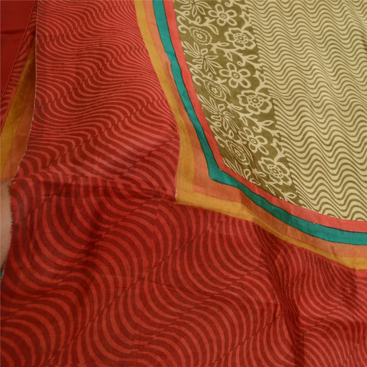 Sanskriti Vintage Sarees Indisk Grøn &amp; Rød Trykt Ren Silke Sari Håndværk Bæredygtigt Stoff