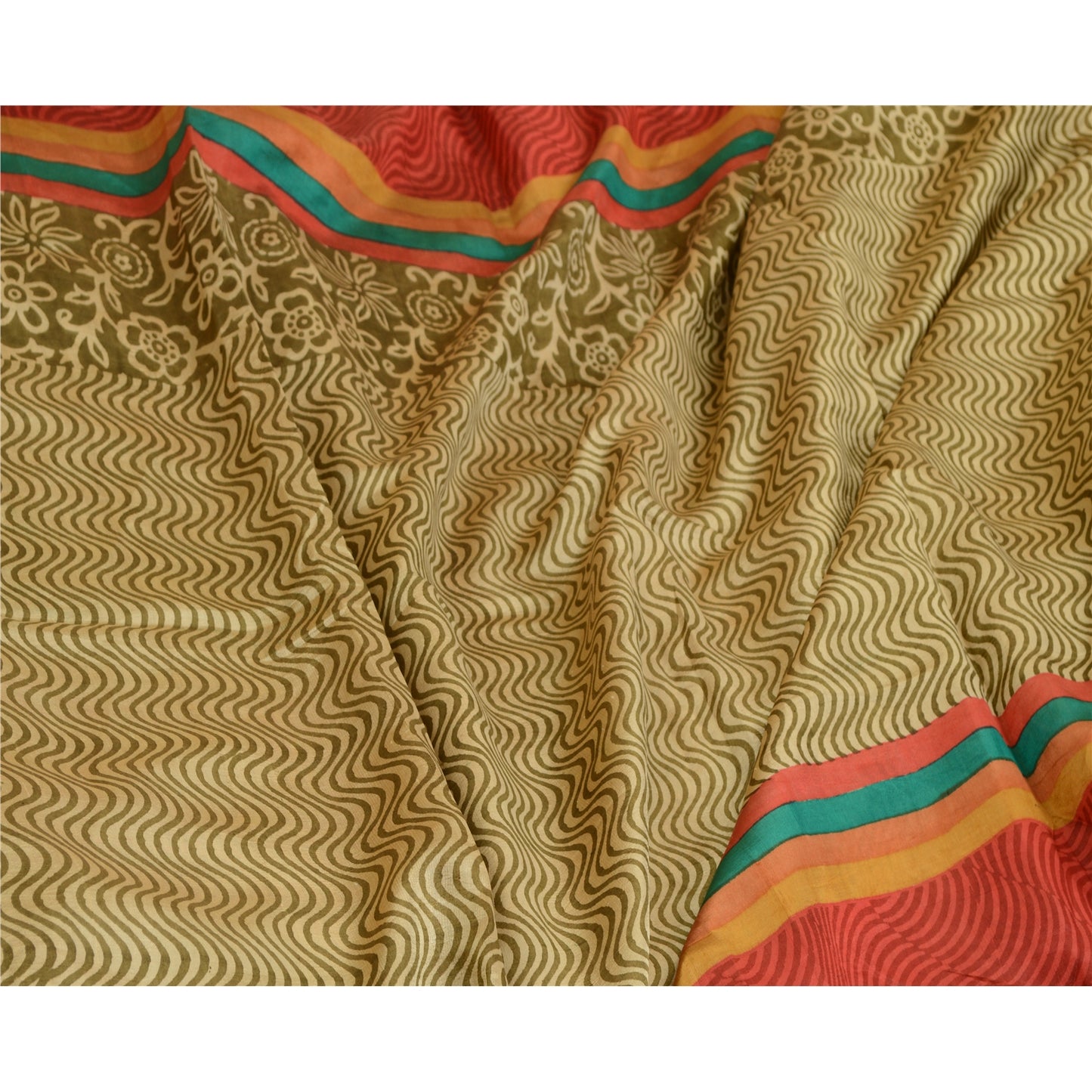 Sanskriti Vintage Sarees Indisk Grøn &amp; Rød Trykt Ren Silke Sari Håndværk Bæredygtigt Stoff