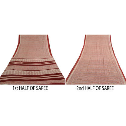 Sanskriti Vintage Sarees Pink & Dark Red 100% Pure Silk Print Sari Craft Sustainable Fabric