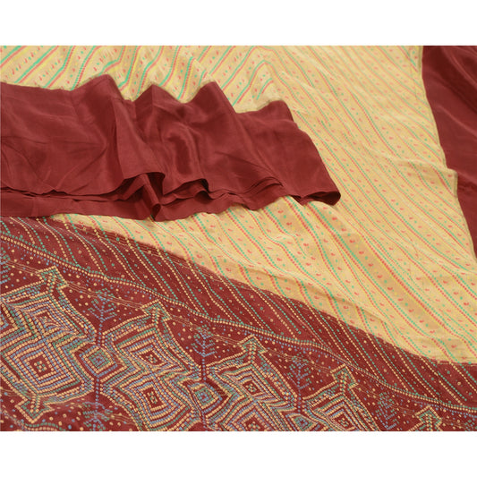 Sanskriti Vintage Sarees Cream/Red Bandhani Printed Pure Silk Sari Craft Sustainable Fabric