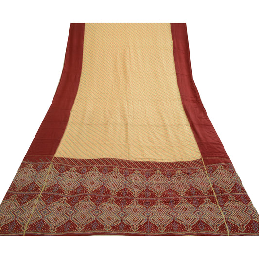 Sanskriti Vintage Sarees Cream/Red Bandhani Printed Pure Silk Sari Craft Sustainable Fabric