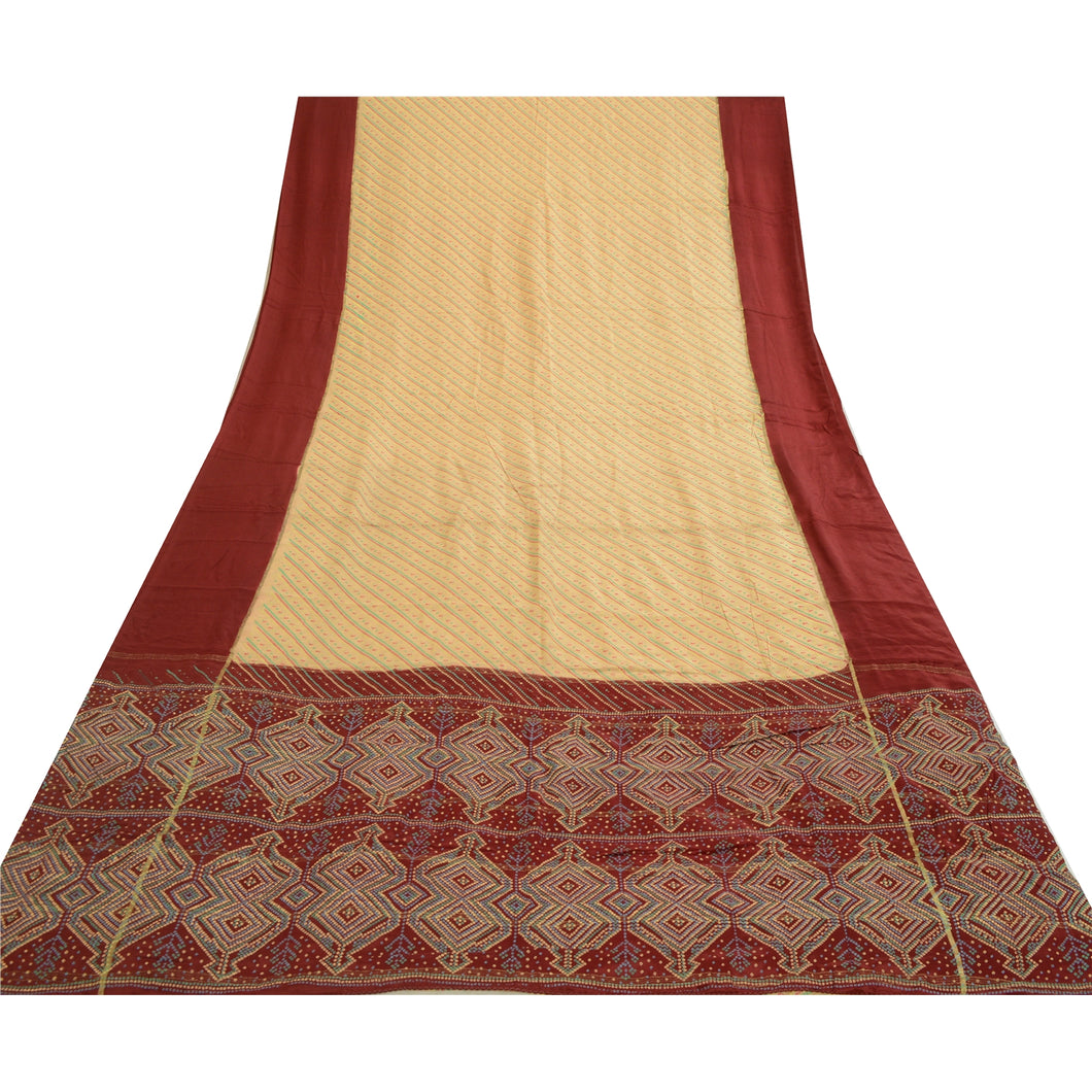 Sanskriti Vintage Sarees Cream/Red Bandhani Printed Pure Silk Sari Craft Fabric