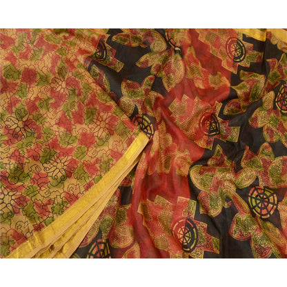 Sanskriti Vintage Sarees Brown Pure Silk Printed Zari Border Sari Craft Sustainable Fabric