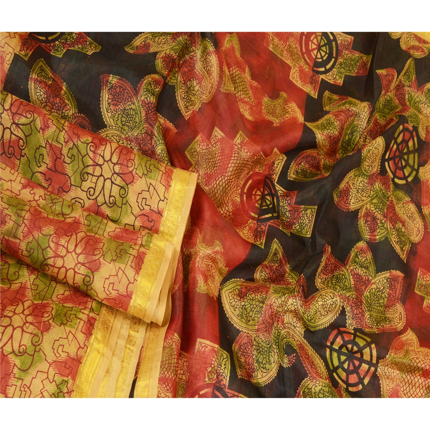 Sanskriti Vintage Sarees Brown Pure Silk Printed Zari Border Sari Craft Sustainable Fabric