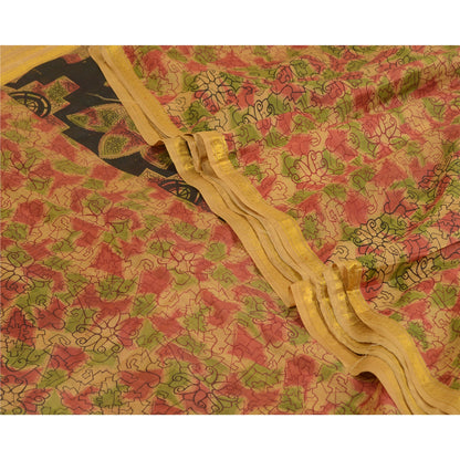 Sanskriti Vintage Sarees Brown Pure Silk Printed Zari Border Sari Craft Sustainable Fabric