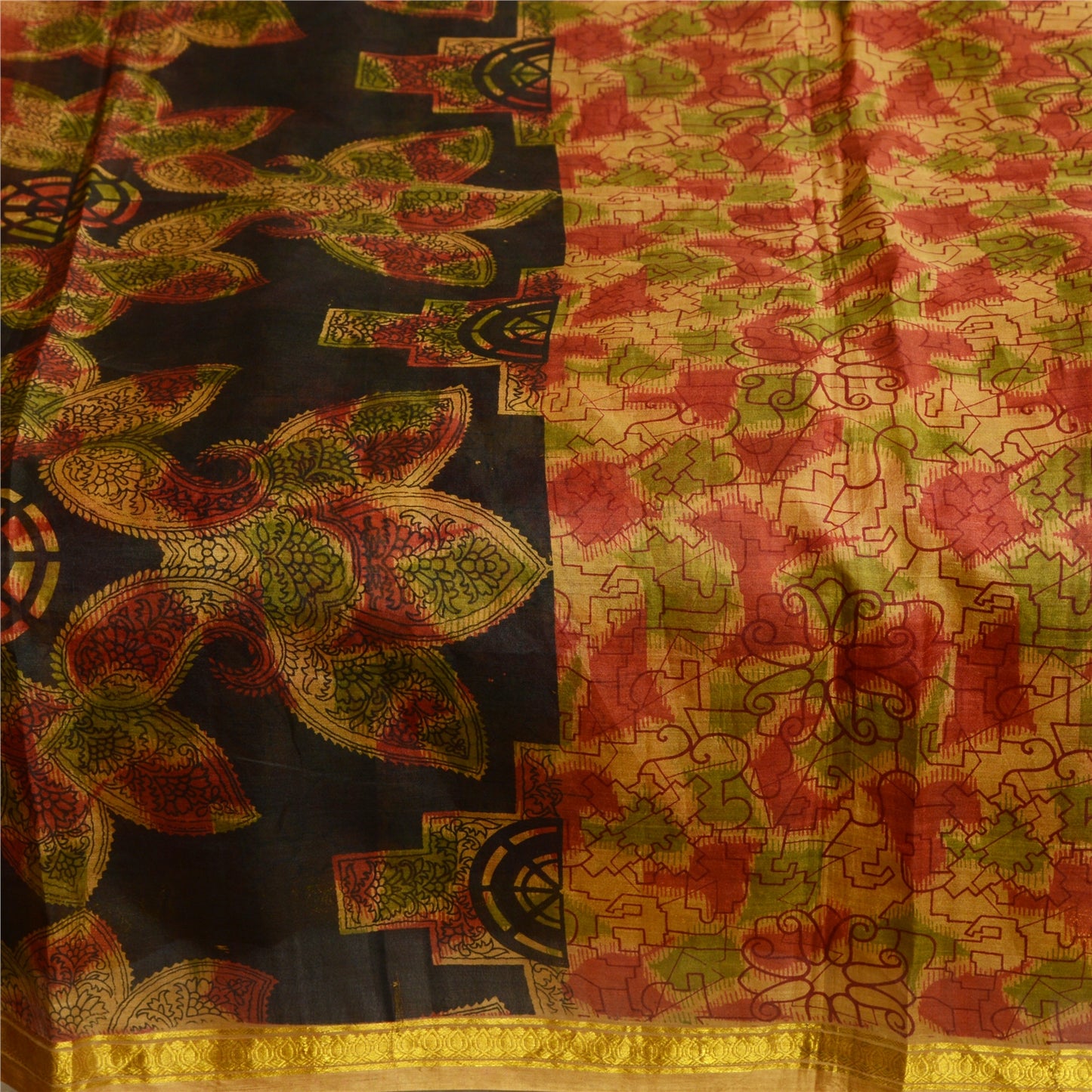 Sanskriti Vintage Sarees Brown Pure Silk Printed Zari Border Sari Craft Sustainable Fabric