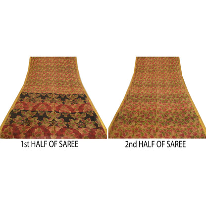 Sanskriti Vintage Sarees Brown Pure Silk Printed Zari Border Sari Craft Sustainable Fabric