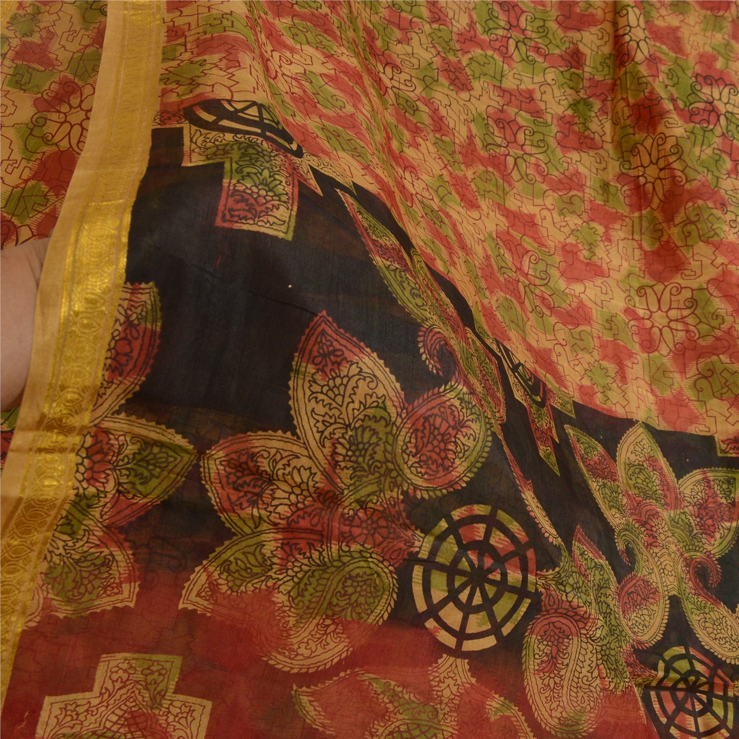 Sanskriti Vintage Sarees Brown Pure Silk Printed Zari Border Sari Craft Sustainable Fabric