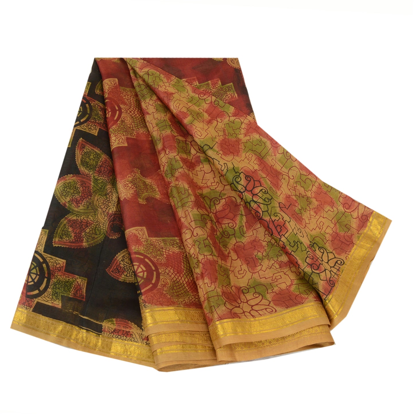 Sanskriti Vintage Sarees Brown Pure Silk Printed Zari Border Sari Craft Sustainable Fabric