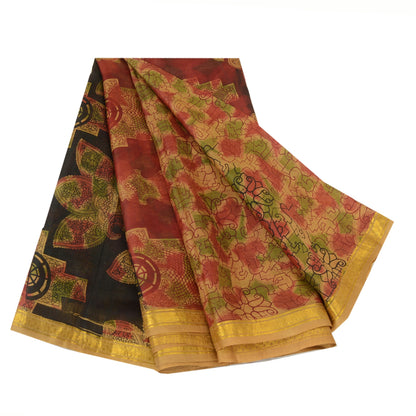 Sanskriti Vintage Sarees Brown Pure Silk Printed Zari Border Sari Craft Sustainable Fabric