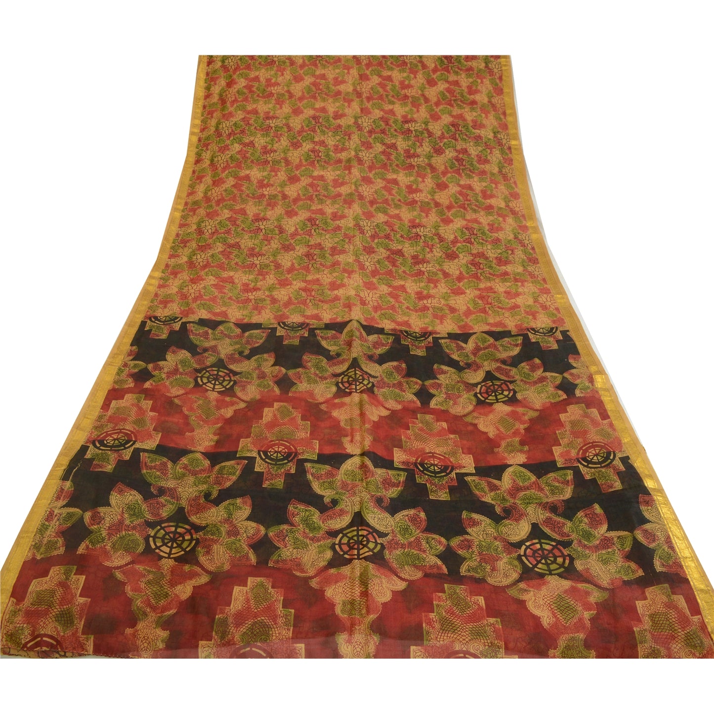 Sanskriti Vintage Sarees Brown Pure Silk Printed Zari Border Sari Craft Sustainable Fabric