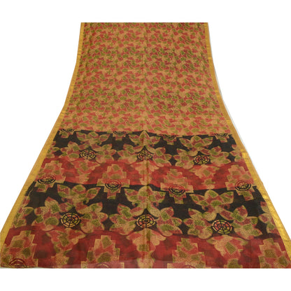 Sanskriti Vintage Sarees Brown Pure Silk Printed Zari Border Sari Craft Sustainable Fabric