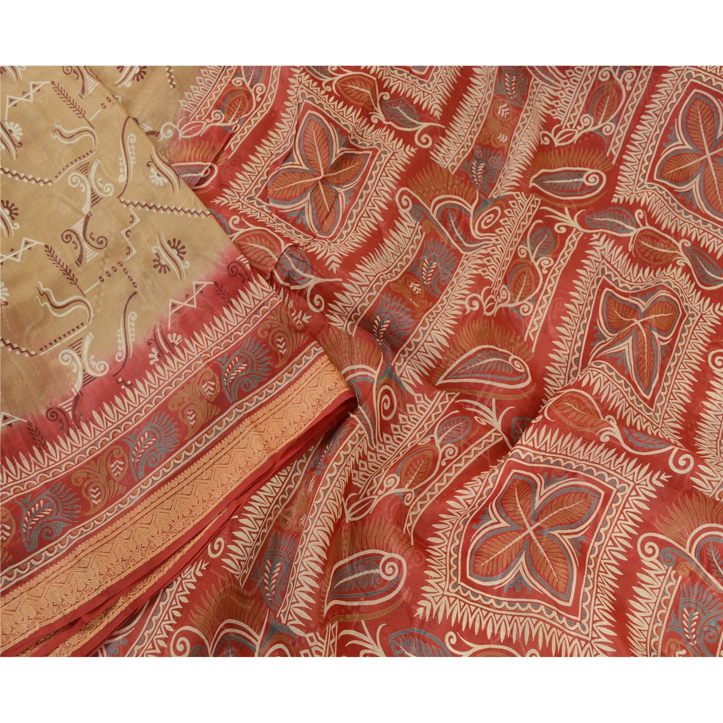 Sanskriti Vintage Dark Red/Brown Sarees 100% Pure Silk Printed Sari Craft Sustainable Fabric