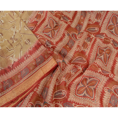 Sanskriti Vintage Dark Red/Brown Sarees 100% Pure Silk Printed Sari Craft Sustainable Fabric