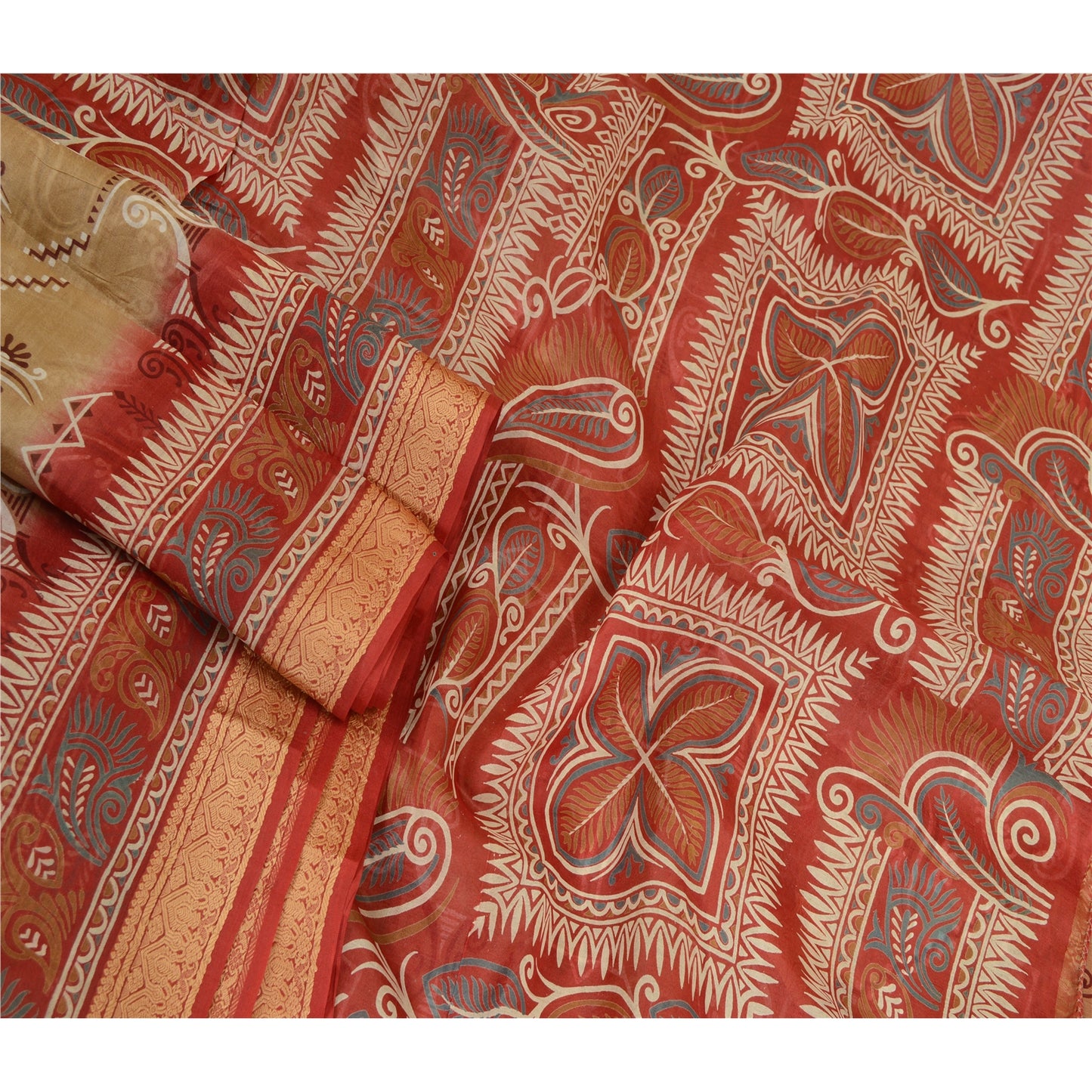 Sanskriti Vintage Dark Red/Brown Sarees 100% Pure Silk Printed Sari Craft Sustainable Fabric